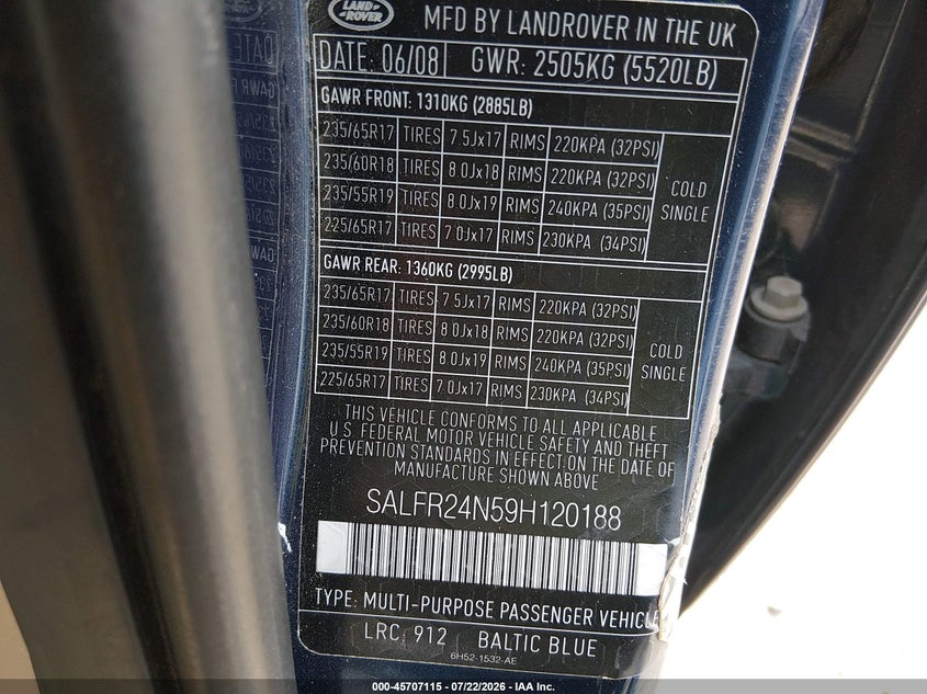 2009 Land rover Lr2 VIN SALFR24N59H120188 IAAI salvage auction — LEFT & RIGHT, Clear (Virginia), sold $25 on 2026-07-31 (photo 9)