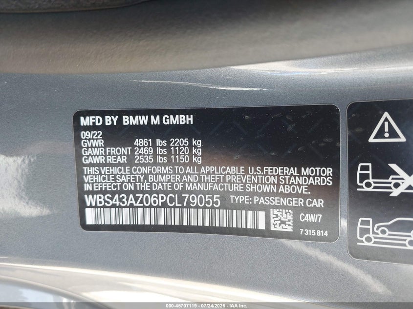 2023 BMW M4 VIN WBS43AZ06PCL79055 IAAI salvage auction — STRIPPED, Salvage (California), sold $24,300 on 2026-08-24 (photo 9)