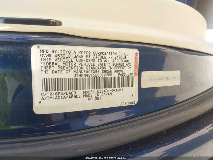 2002 Lexus Sc 430 VIN JTHFN48Y520012966 IAAI salvage auction — HAIL, Original (Texas), sold $225 on 2026-07-28 (photo 9)