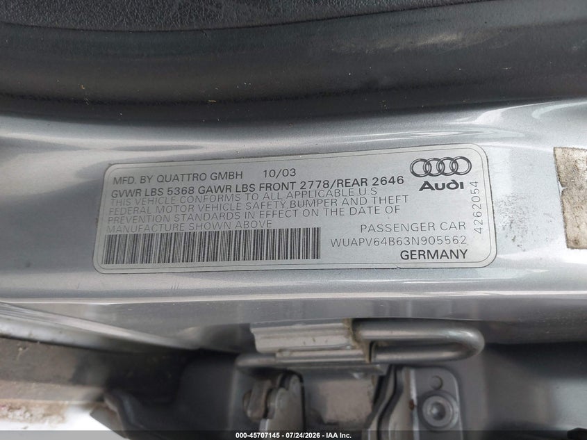 2003 Audi Rs6 VIN WUAPV64B63N905562 IAAI salvage auction — NORMAL WEAR, Original (Texas), sold $2,400 on 2026-08-11 (photo 9)