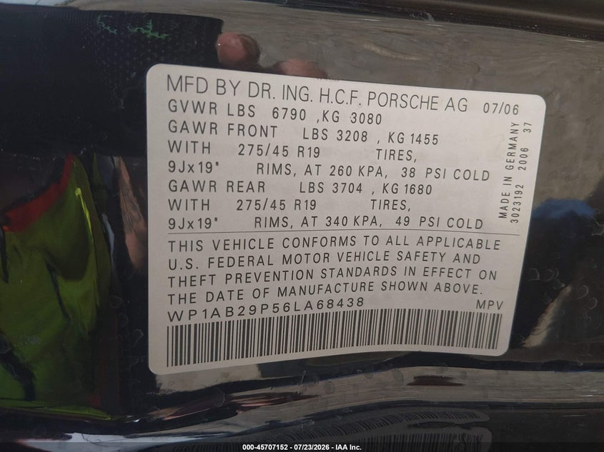 2006 Porsche Cayenne VIN WP1AB29P56LA68438 IAAI salvage auction — RIGHT REAR, Original (Texas), sold $700 on 2026-08-11 (photo 9)