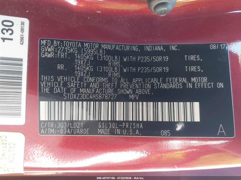 2017 Toyota Sienna VIN 5TDXZ3DC4HS878727 IAAI salvage auction — NORMAL WEAR, Salvage Title, sold $1,050 on 2026-07-29 (photo 9)