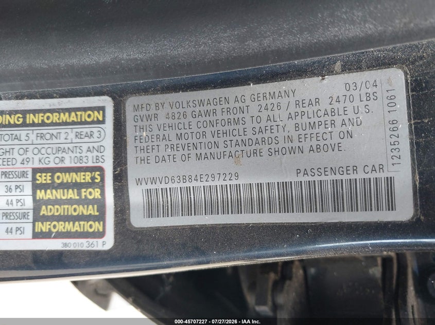 2004 Volkswagen Passat VIN WVWVD63B84E297229 IAAI salvage auction — NORMAL WEAR, Clear (Washington), sold $225 on 2026-08-05 (photo 9)