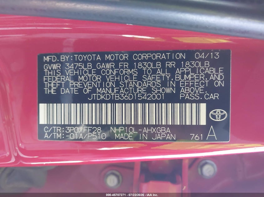 2013 Toyota Prius c VIN JTDKDTB36D1542001 IAAI salvage auction — NORMAL WEAR, Clear-Dealer Only (Utah), sold $575 on 2026-07-29 (photo 9)
