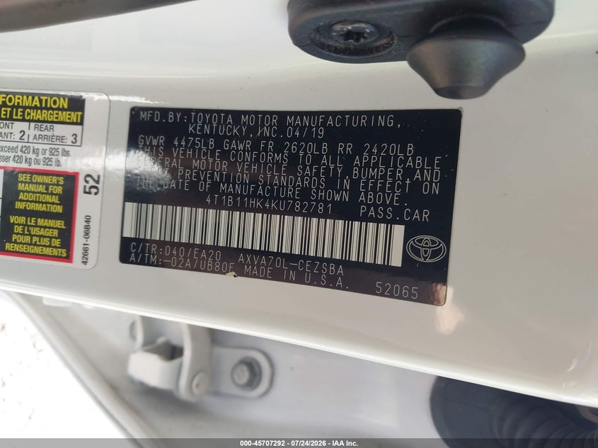 2019 Toyota Camry VIN 4T1B11HK4KU782781 IAAI salvage auction — FRONT END, Wait Title, sold $4,150 on 2026-08-15 (photo 9)