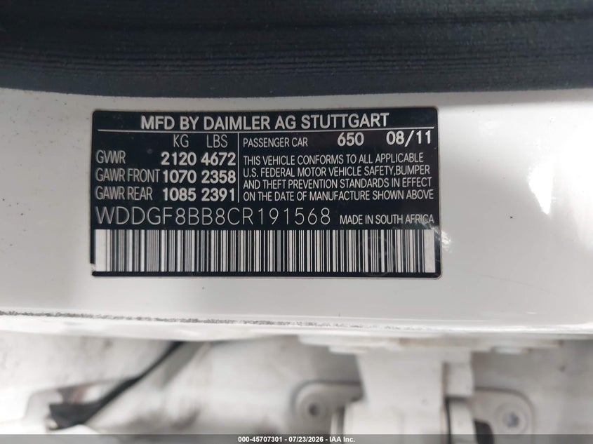 2012 Mercedes-benz C-klasse VIN WDDGF8BB8CR191568 IAAI salvage auction — FRONT END, Wait Title, sold $475 on 2026-08-12 (photo 9)