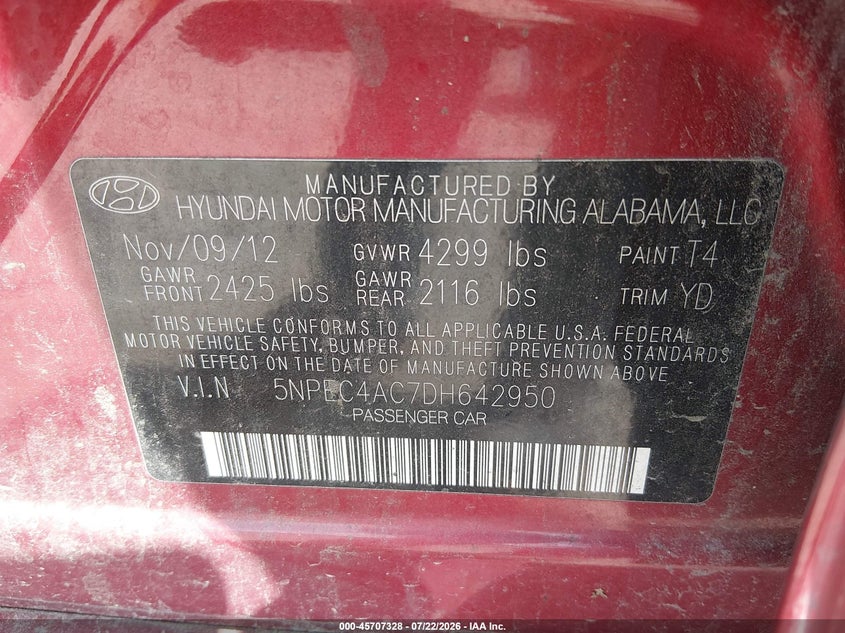 2013 Hyundai Sonata VIN 5NPEC4AC7DH642950 IAAI salvage auction — RIGHT FRONT, Clear (Virginia), sold $525 on 2026-07-31 (photo 9)