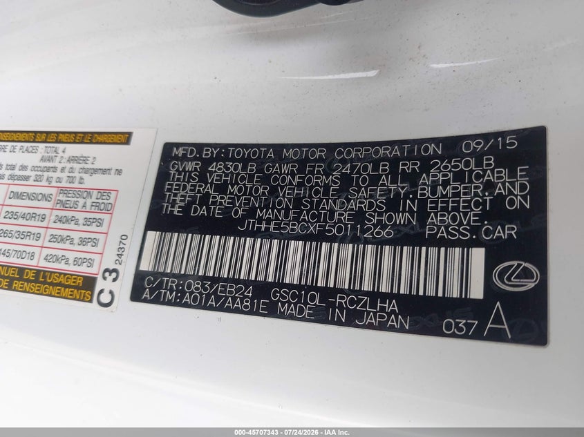 2015 Lexus Rc VIN JTHHE5BCXF5011266 IAAI salvage auction — SIDE, Wait Title, sold $7,100 on 2026-08-28 (photo 9)