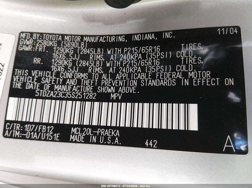 2005 Toyota Sienna VIN 5TDZA23C35S251282 IAAI salvage auction — NORMAL WEAR, Regular (Nevada), sold $325 on 2026-07-31 (photo 9)