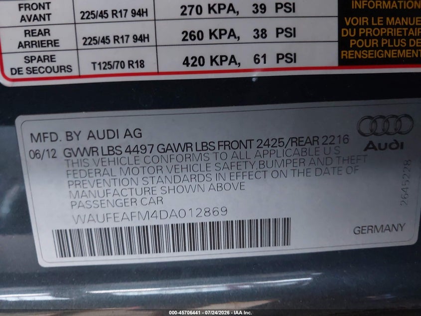 2013 Audi A3 VIN WAUFEAFM4DA012869 IAAI salvage auction — REAR END, Wait Title, sold $1,400 on 2026-07-31 (photo 9)