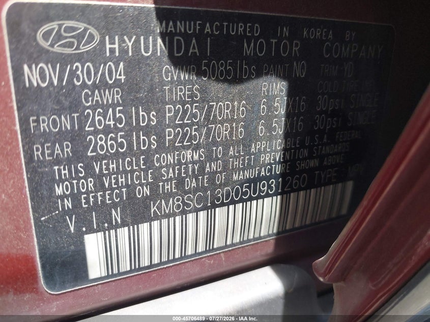 2005 Hyundai Santa fe VIN KM8SC13D05U931260 IAAI salvage auction — RIGHT SIDE, Salvage Certificate (California), sold $175 on 2026-07-31 (photo 9)