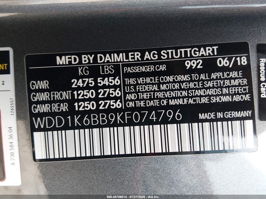 2019 Mercedes-benz VIN WDD1K6BB9KF074796 IAAI salvage auction — REAR END, Salvage (Idaho), sold $16,100 on 2026-08-16 (photo 9)
