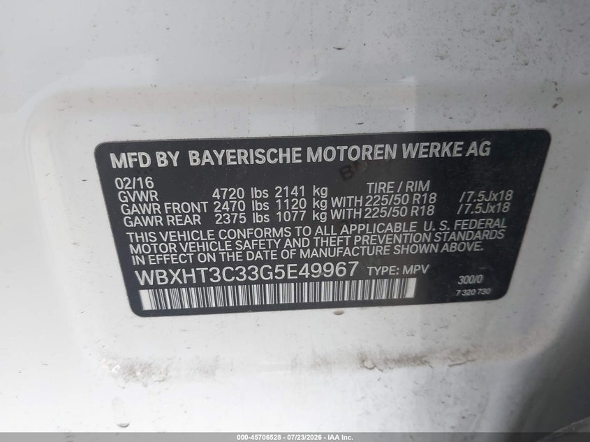 2016 BMW X1 VIN WBXHT3C33G5E49967 IAAI salvage auction — REAR END, Salvage (California), sold $4,700 on 2026-08-04 (photo 9)