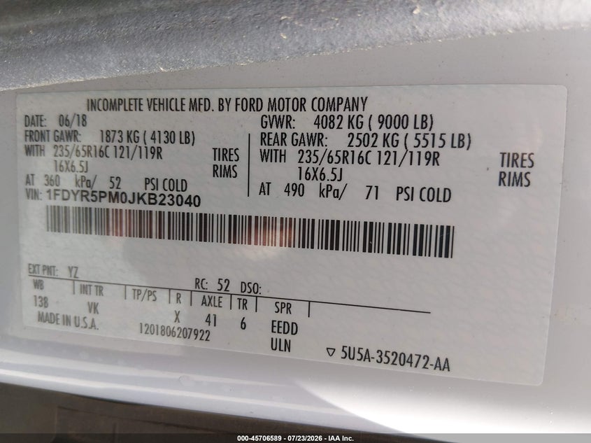 2018 Ford Transit-250 VIN 1FDYR5PM0JKB23040 IAAI salvage auction — NORMAL WEAR, Sf97 (Texas), sold $18,450 on 2026-09-01 (photo 9)