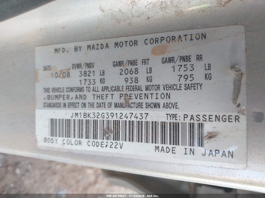 2009 Mazda 3 VIN JM1BK32G391247437 IAAI salvage auction — REAR END, Salvage (Texas), sold $25 on 2026-07-28 (photo 9)