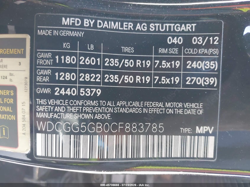 2012 Mercedes-benz Glk-klasse VIN WDCGG5GB0CF883785 IAAI salvage auction — REAR END, Salvage Title, sold $2,000 on 2026-08-06 (photo 9)
