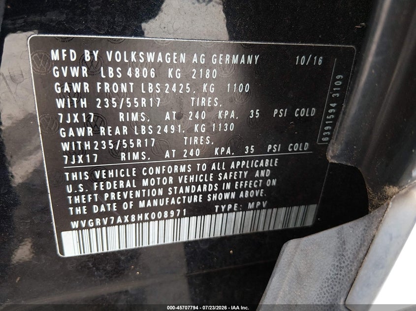 2017 Volkswagen Tiguan VIN WVGRV7AX8HK008971 IAAI salvage auction — NORMAL WEAR, Clear (Georgia), sold $25 on 2026-07-30 (photo 9)
