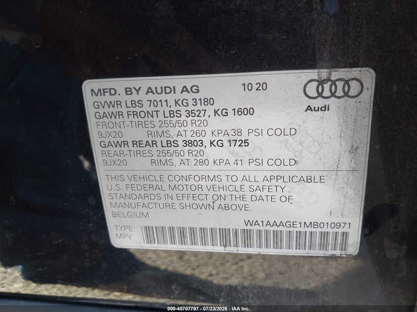 2021 Audi E-tron VIN WA1AAAGE1MB010971 IAAI salvage auction — FRONT END, Wait Title, sold $8,675 on 2026-08-13 (photo 9)