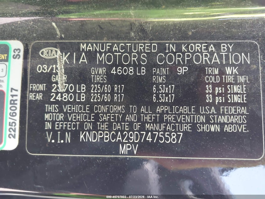 2013 Kia Sportage VIN KNDPBCA29D7475587 IAAI salvage auction — NORMAL WEAR, Clear (New York), sold $1,375 on 2026-08-01 (photo 9)