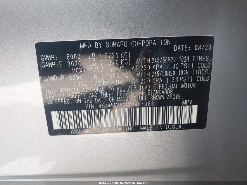 2021 Subaru Ascent VIN 4S4WMAPD4M3404383 IAAI salvage auction — ELECTRICAL, Wait Title, sold $8,100 on 2026-08-28 (photo 9)
