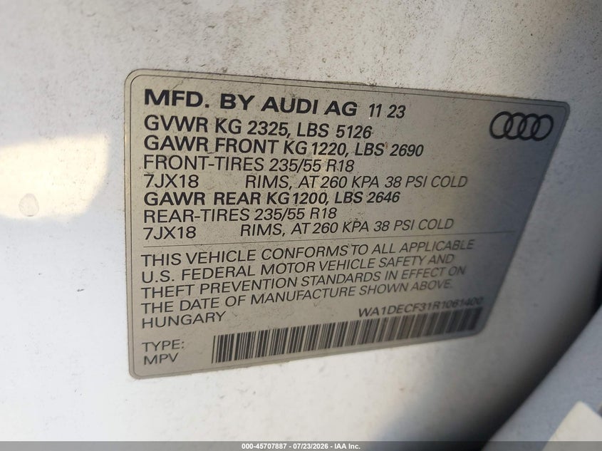 2024 Audi Q3 VIN WA1DECF31R1061400 IAAI salvage auction — REAR END, Salvage Title, sold $11,900 on 2026-08-20 (photo 9)