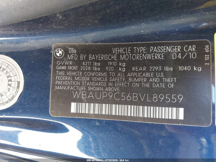 2011 BMW 1 series VIN WBAUP9C56BVL89559 IAAI salvage auction — NORMAL WEAR, Clear - Dealer Only (California), sold $600 on 2026-07-30 (photo 9)