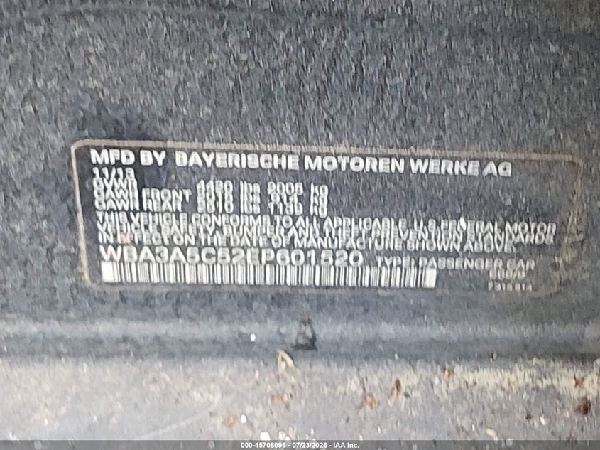 2014 BMW 3 series VIN WBA3A5C52EP601520 IAAI salvage auction — NORMAL WEAR, Clear (Georgia), sold $450 on 2026-08-19 (photo 9)