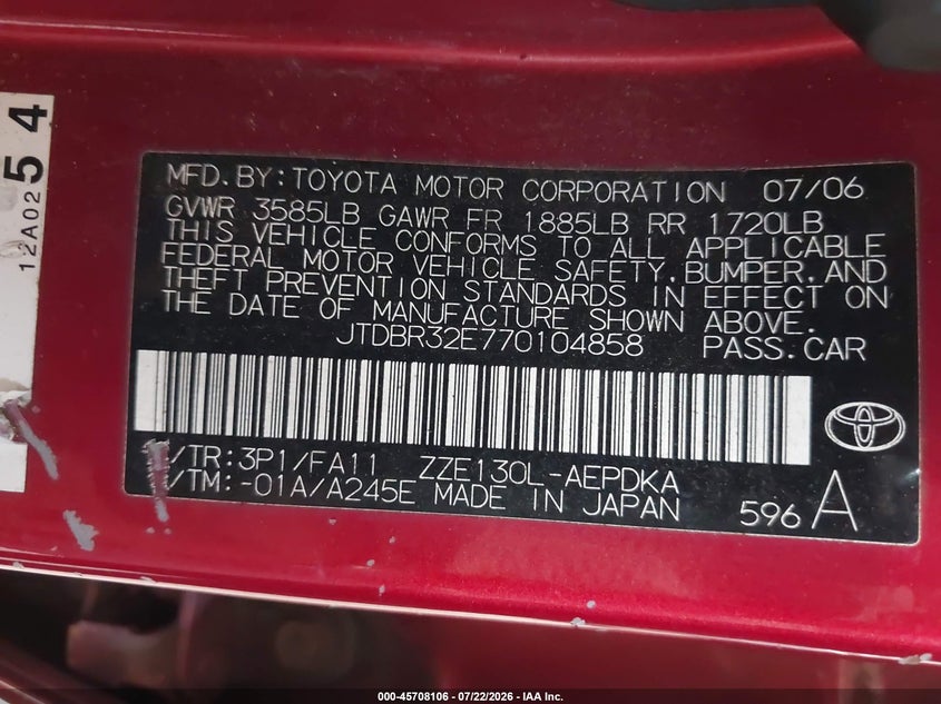2007 Toyota Corolla VIN JTDBR32E770104858 IAAI salvage auction — NORMAL WEAR, Clear (New York), sold $25 on 2026-07-29 (photo 9)