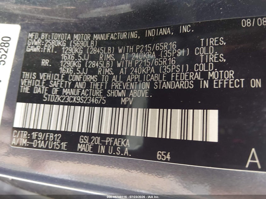 2009 Toyota Sienna VIN 5TDZK23CX9S234675 IAAI salvage auction — NORMAL WEAR, Clear (Kansas), sold $600 on 2026-07-31 (photo 9)