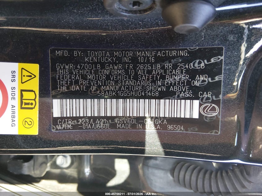2017 Lexus ES VIN 58ABK1GG5HU041468 IAAI salvage auction — REAR END, Salvage, sold $7,075 on 2026-08-27 (photo 9)