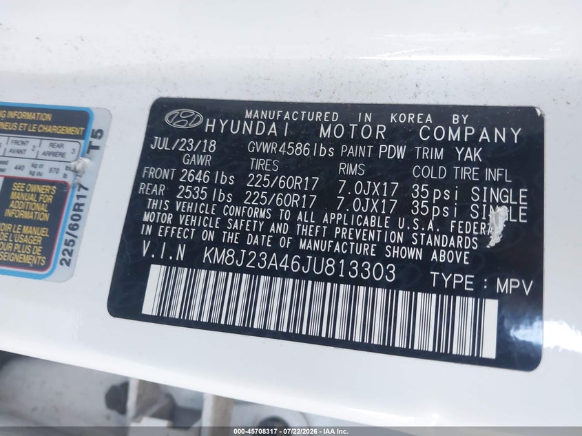 2018 Hyundai Tucson VIN KM8J23A46JU813303 IAAI salvage auction — NORMAL WEAR, Clear - Dealer Only (California), sold $600 on 2026-07-28 (photo 9)