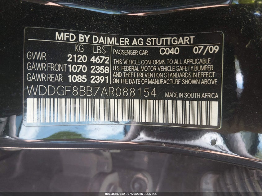 2010 Mercedes-benz C class VIN WDDGF8BB7AR088154 IAAI salvage auction — NORMAL WEAR, Original (Vermont), sold $700 on 2026-07-23 (photo 9)