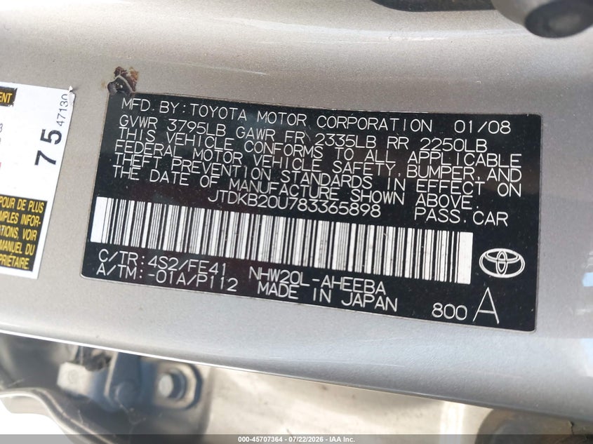 2008 Toyota Prius VIN JTDKB20U783365898 IAAI salvage auction — NORMAL WEAR, Clear - Dealer Only (California), sold $325 on 2026-07-30 (photo 9)