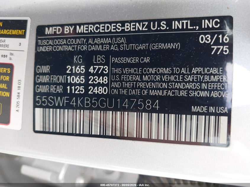 2016 Mercedes-benz C-klasse VIN 55SWF4KB5GU147584 IAAI salvage auction — UNKNOWN, Salvage Title, sold $2,750 on 2026-08-28 (photo 9)