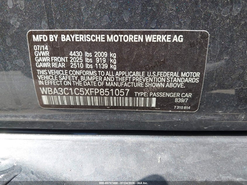 2015 BMW 3er VIN WBA3C1C5XFP851057 IAAI salvage auction — FRONT END, Salvage (California), sold $2,450 on 2026-08-07 (photo 9)