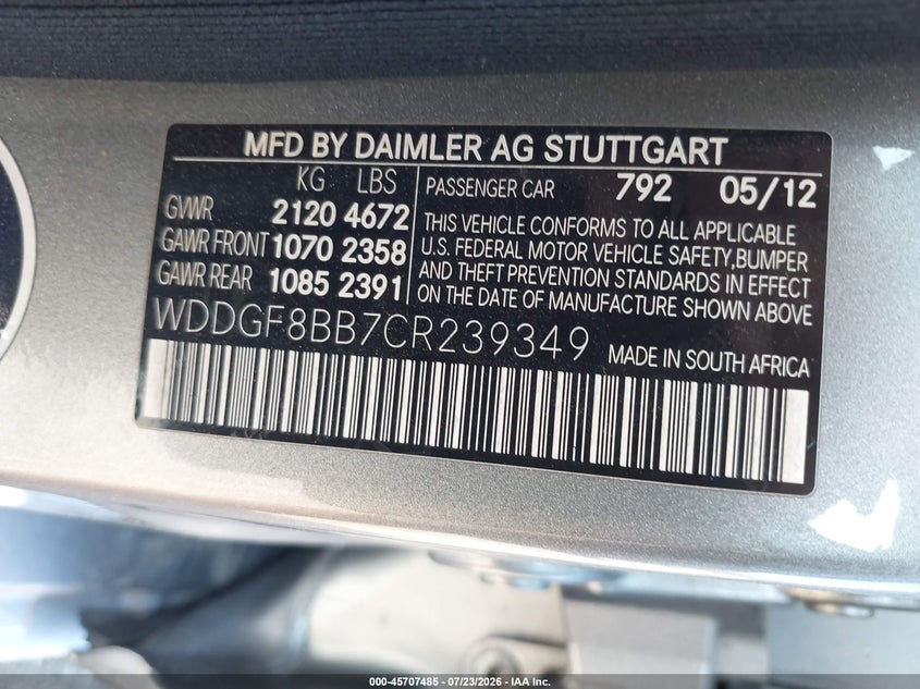 2012 Mercedes-benz C-klasse VIN WDDGF8BB7CR239349 IAAI salvage auction — FRONT END, Salvage (New Jersey), sold $625 on 2026-08-09 (photo 9)