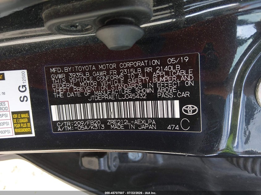 2020 Toyota Corolla VIN JTDEPRAE1LJ045432 IAAI salvage auction — FRONT END, Clear (Alabama), sold $925 on 2026-07-29 (photo 9)