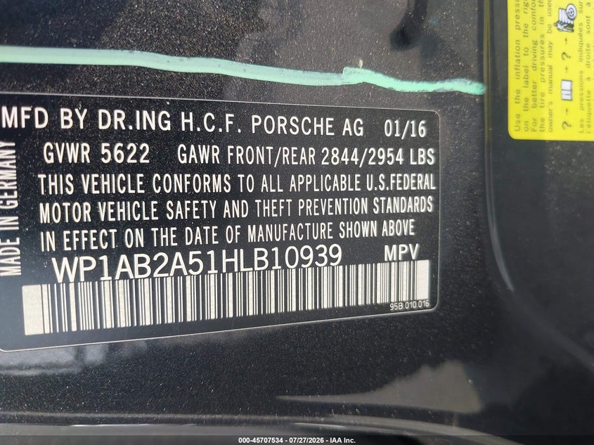 2017 Porsche Macan VIN WP1AB2A51HLB10939 IAAI salvage auction — LEFT SIDE, Salvage (Virginia), sold $7,300 on 2026-08-18 (photo 9)