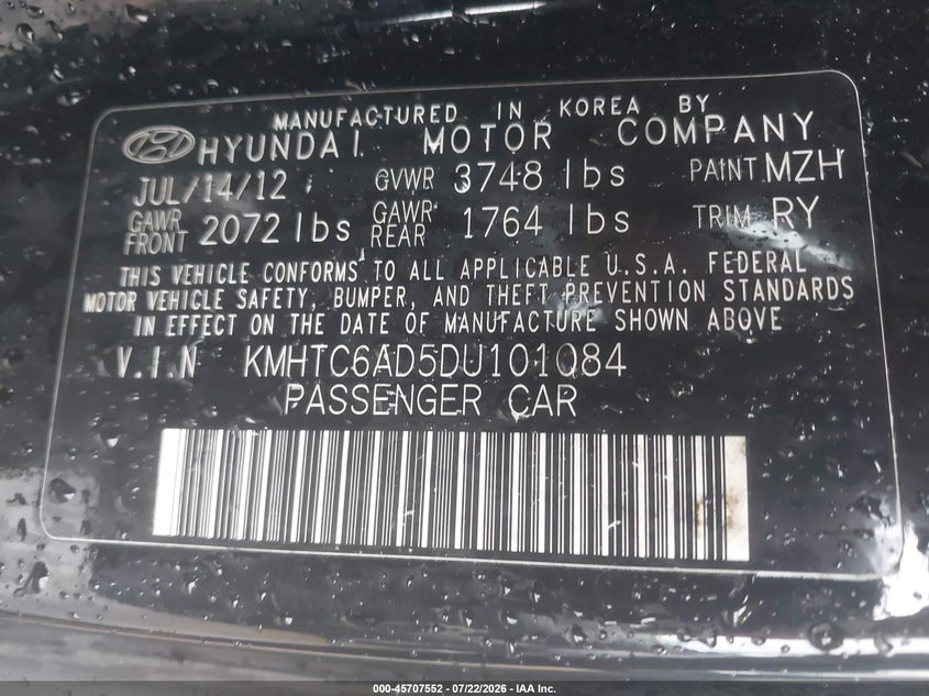 2013 Hyundai Veloster VIN KMHTC6AD5DU101084 IAAI salvage auction — NORMAL WEAR, Clear (Tennessee), sold $25 on 2026-07-29 (photo 9)