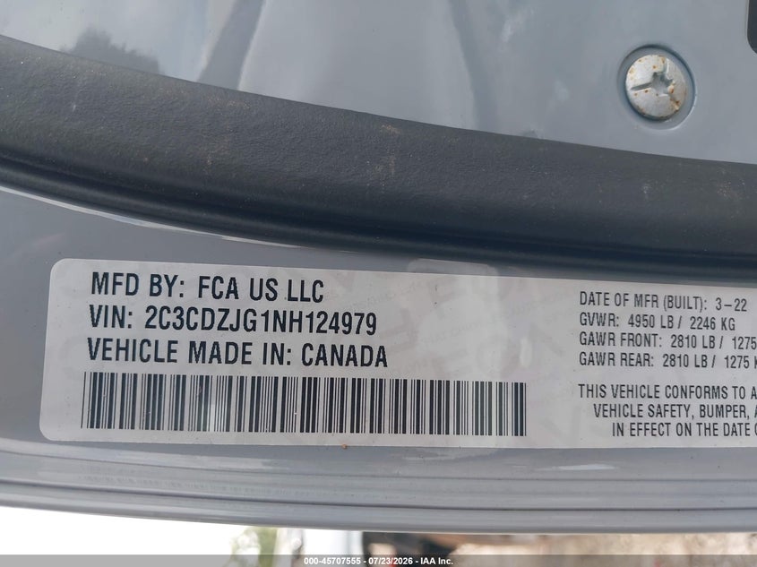 2022 Dodge Challenger VIN 2C3CDZJG1NH124979 IAAI salvage auction — FRONT & REAR, Wait Title, sold $3,525 on 2026-09-15 (photo 9)