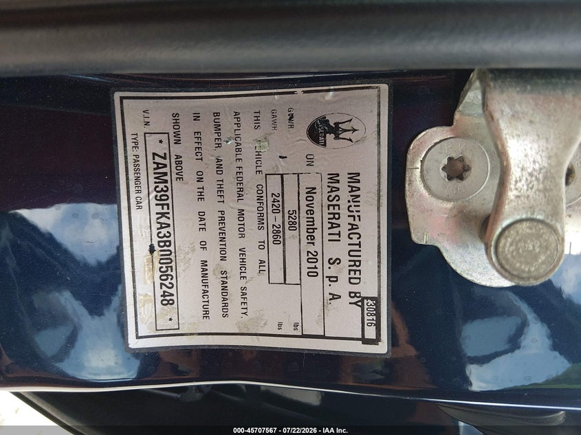 2011 Maserati Quattroporte VIN ZAM39FKA3B0056248 IAAI salvage auction — NORMAL WEAR, Clear (Alabama), sold $5,400 on 2026-07-29 (photo 9)