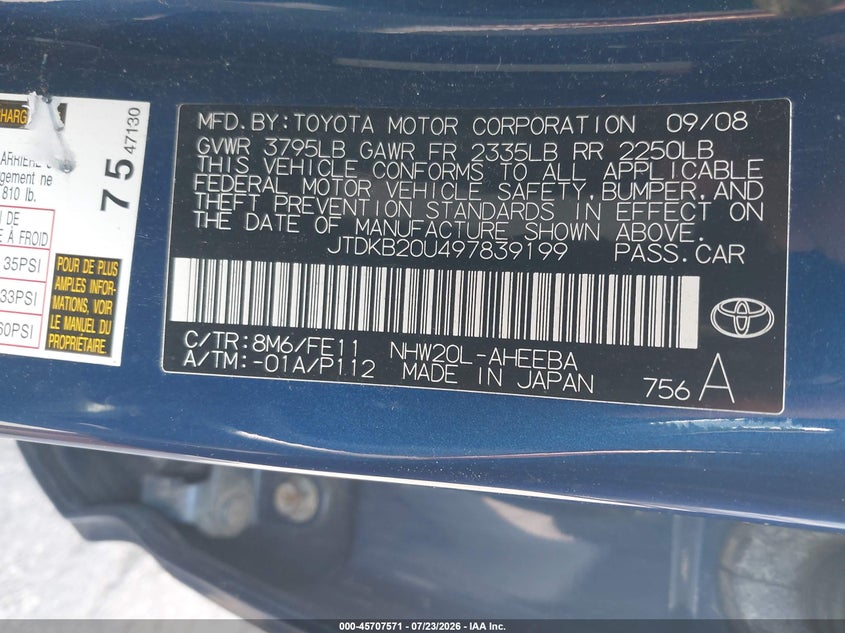 2009 Toyota Prius VIN JTDKB20U497839199 IAAI salvage auction — NORMAL WEAR, Rebuilt (Washington), sold $25 on 2026-07-30 (photo 9)