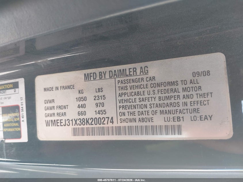 2008 Smart Fortwo VIN WMEEJ31X38K200274 IAAI salvage auction — FRONT END, Salvage (California), sold $500 on 2026-08-05 (photo 9)