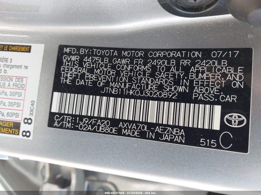 2018 Toyota Camry VIN JTNB11HK0J3020892 IAAI salvage auction — FRONT END, Salvage Title, sold $5,400 on 2026-08-03 (photo 9)