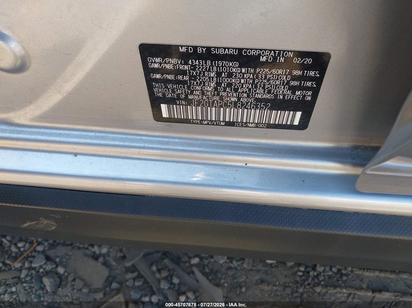 2020 Subaru Xv VIN JF2GTAPC5L8246352 IAAI salvage auction — SIDE, Salvage (Idaho), sold $5,600 on 2026-08-02 (photo 8)