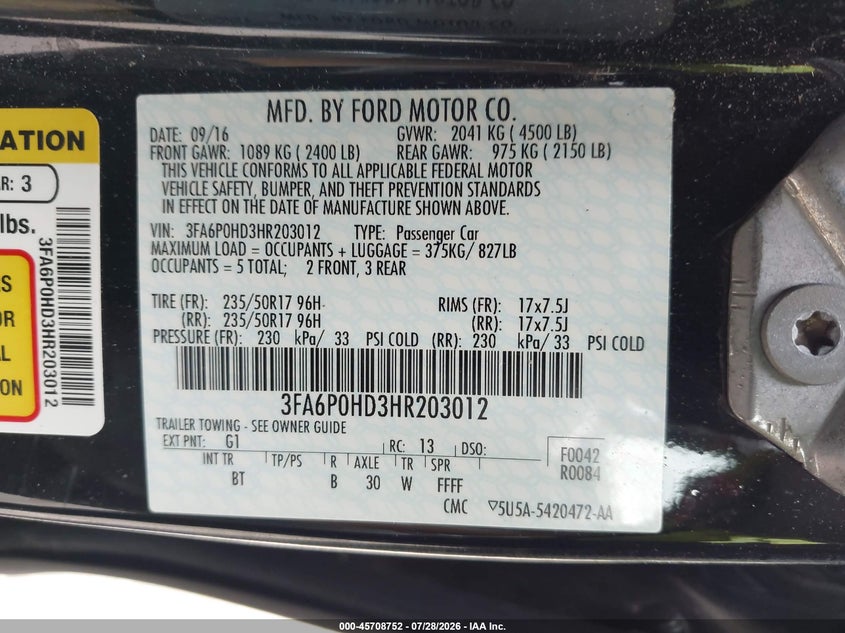 2017 Ford Fusion VIN 3FA6P0HD3HR203012 IAAI salvage auction — Right Side, Salvage, sold $3,100 on 2026-10-12 (photo 9)