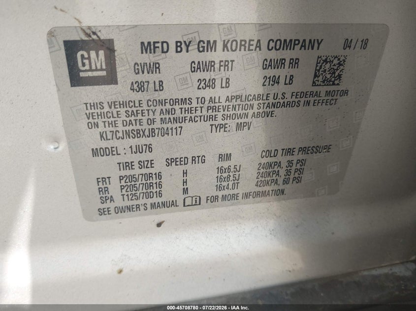 2018 Chevrolet Trax VIN KL7CJNSBXJB704117 IAAI salvage auction — NORMAL WEAR, Salvage Title, sold $25 on 2026-07-31 (photo 9)