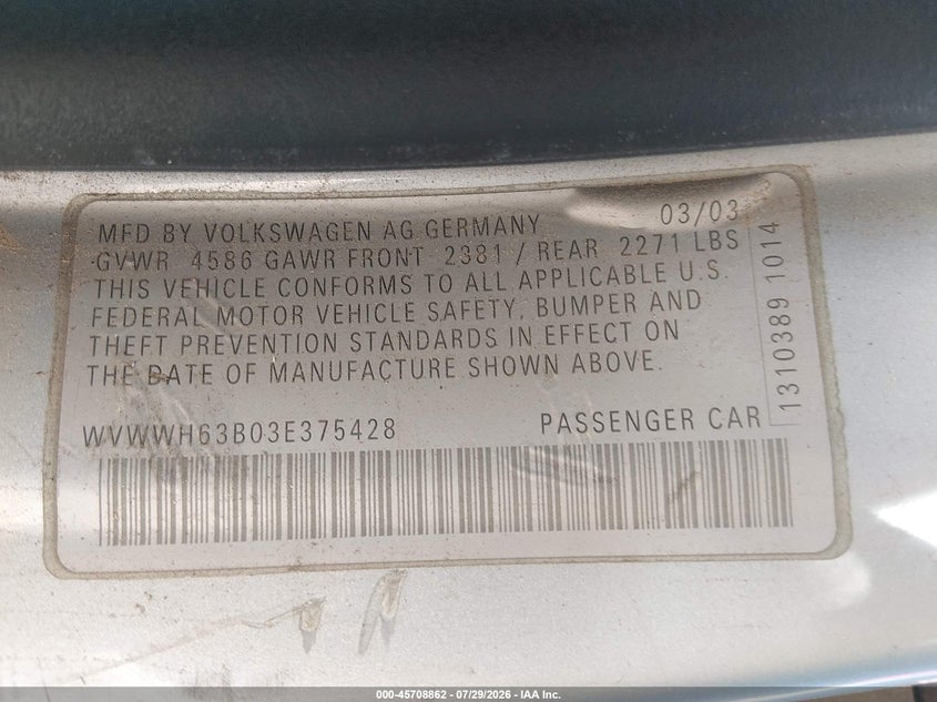 2003 Volkswagen Passat VIN WVWWH63B03E375428 IAAI salvage auction — NORMAL WEAR, Clear (Colorado), sold $50 on 2026-08-12 (photo 9)
