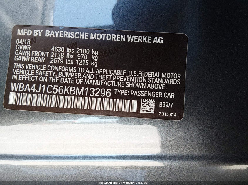 2019 BMW 4er VIN WBA4J1C56KBM13296 IAAI salvage auction — UNDERCARRIAGE, Salvage Title, sold $6,700 on 2026-08-14 (photo 9)