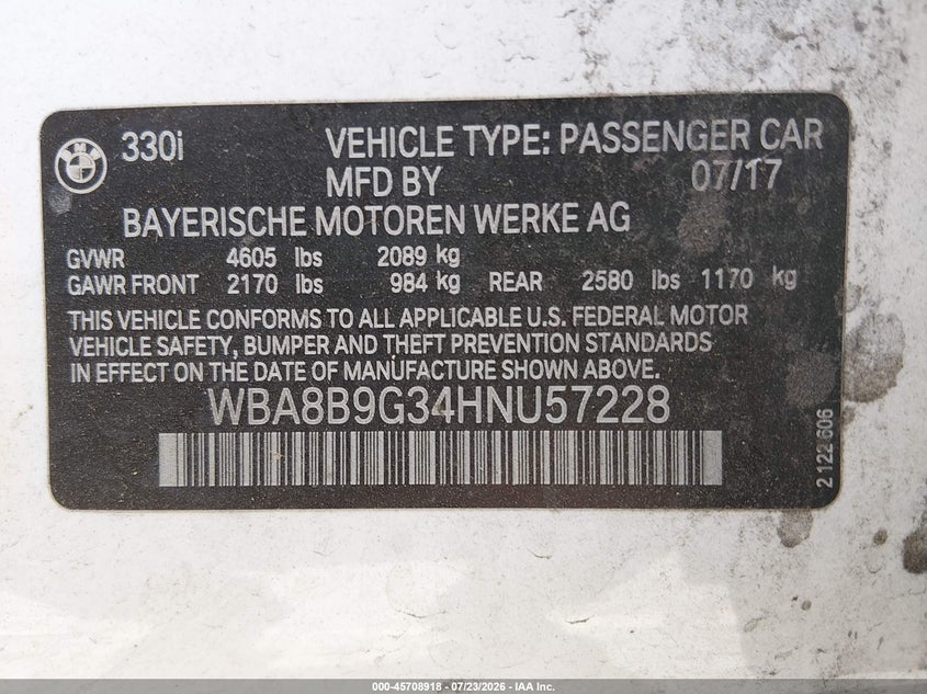 2017 BMW 3 series VIN WBA8B9G34HNU57228 IAAI salvage auction — NORMAL WEAR, Clear - Dealer Only (California), sold $25 on 2026-07-29 (photo 9)